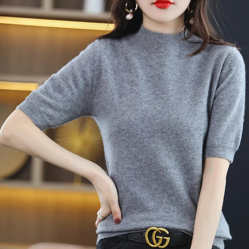 Summer Cashmere Sweater  Women Solid Short Sleeve  Pullovers Jumper Knitted Sweaters