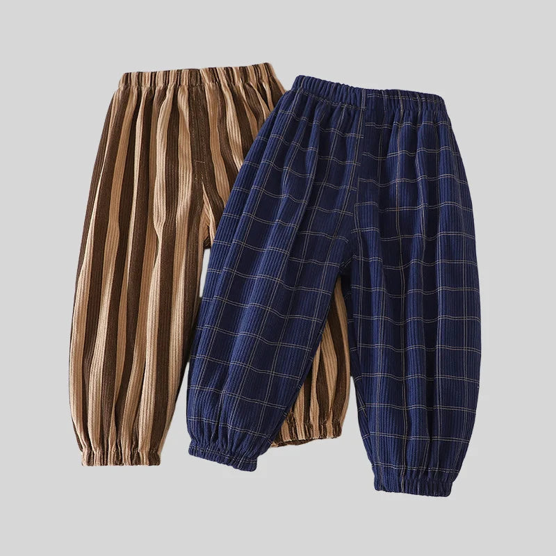 Vintage Checkered Striped 1-7Y Kids Pants Autumn Corduroy Textured Toddler Cropped Trousers