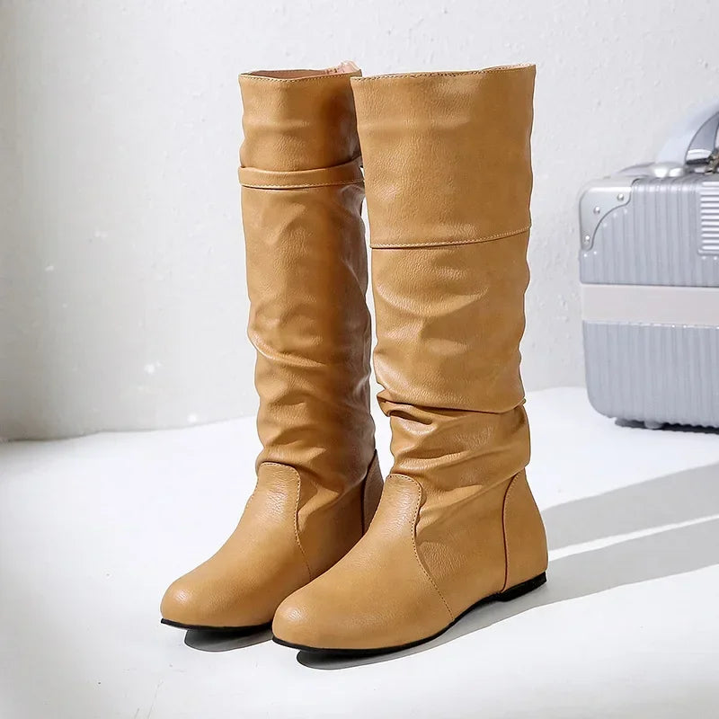 Women Leather Boots Fashion Pleated Wedge Long Boots Round Toe Autumn Winter Solid Slip On Shoes Ladies High Boot Botas De Mujer