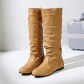 Women Leather Boots Fashion Pleated Wedge Long Boots Round Toe Autumn Winter Solid Slip On Shoes Ladies High Boot Botas De Mujer