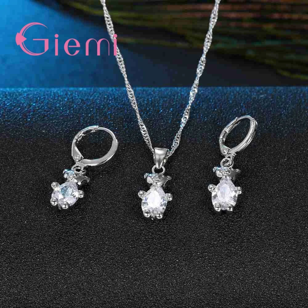 Brand Shiny Jewelry Sets for Women 925 Sterling Silver Lovely Bear Pendant Best Wedding Necklace Earrings Accessories Hot