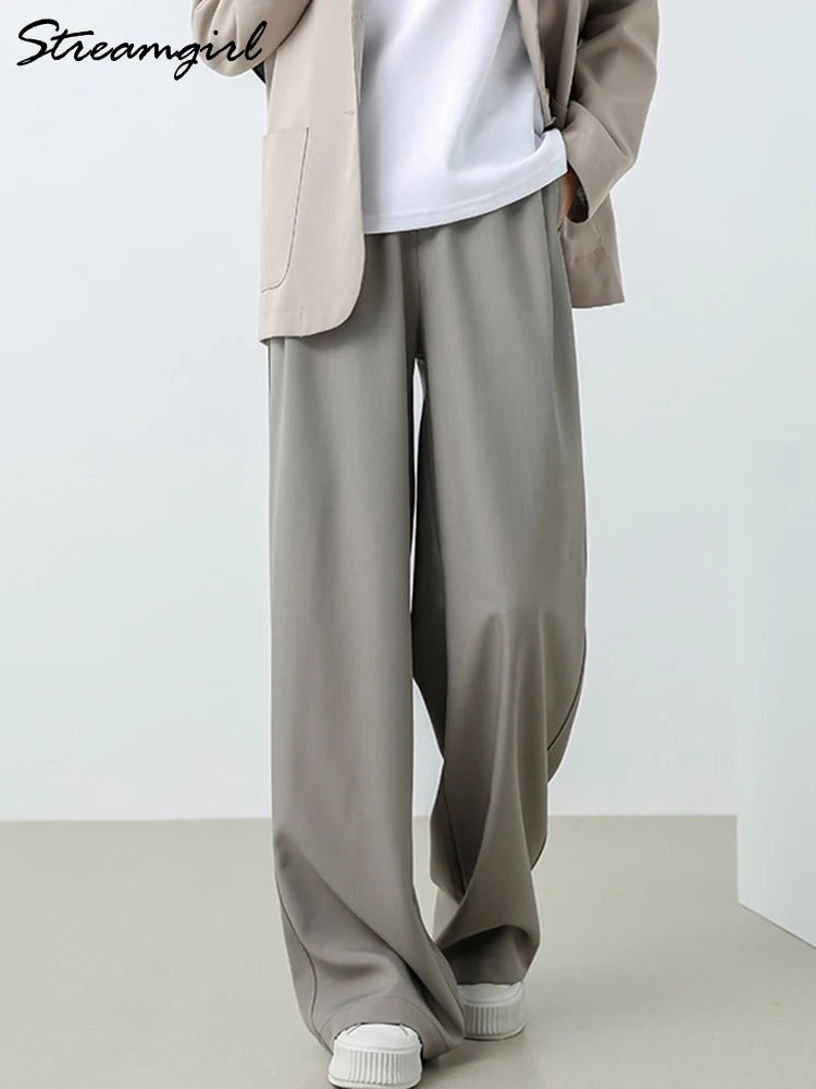 Women Wide Leg Pants Formal Gray Long Office Wear Pants Ladies Spring Straight Leg Black Work Trousers For Women Office Summer