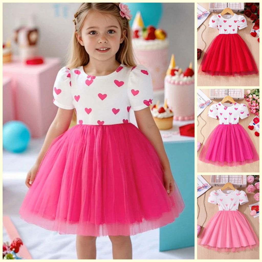 Pink Kids Girl Dress Summer Love Cute Sweet Mesh Toddler Dresses Casual Birthday Party Children Princess Dress 2 3 4 5 6 7 Yrs