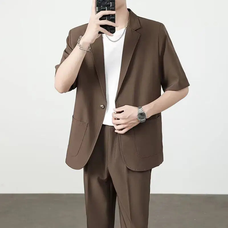 Men's Casual Half Sleeve Suit Jacket Polyester Fiber Breathable round Hemline Single Button Closure Standard Fit Adult Wear