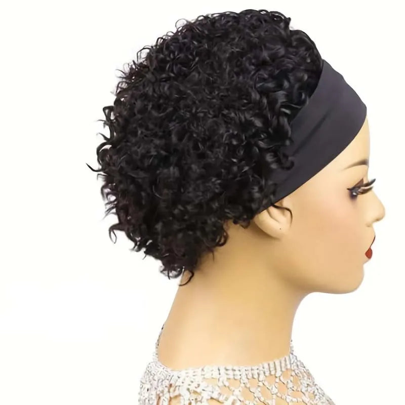 Headband Wig Human Hair for Woman Pixie Cut Wig Short Curly Hair Headband Wig Machine Made 150% Density Black Beginner Friendly