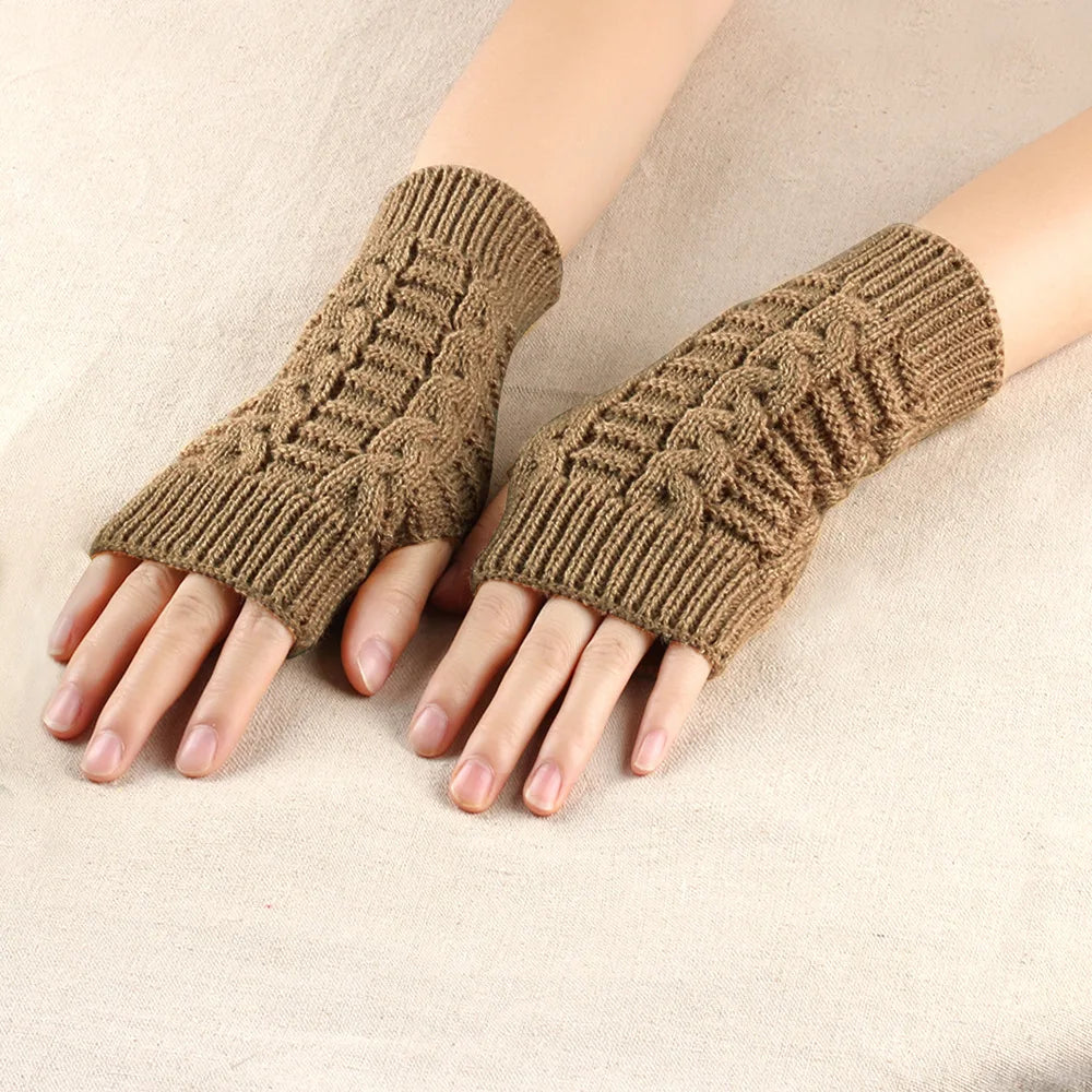 Winter Fingerless Gloves for Women, Computer Short Warm and Extended Korean Style Half-Finger Knitted Flat Gloves