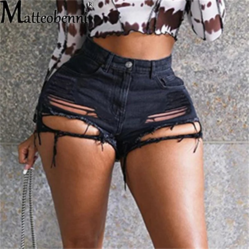 Fashion Sexy High Waist Ladies Denim Shorts New Summer New Women's Ripped Hollow Out Hole Streetwear Shorts Jeans