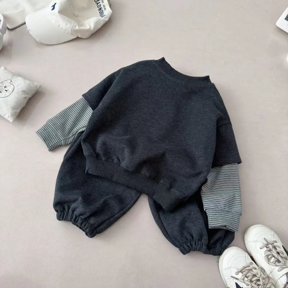 Kids Fake Two‑Piece Sweatshirt Sets 2026 Autumn Boys Girls Cartoon Print Striped Long Sleeve Top+Pants 2PCS Children Tracksuit