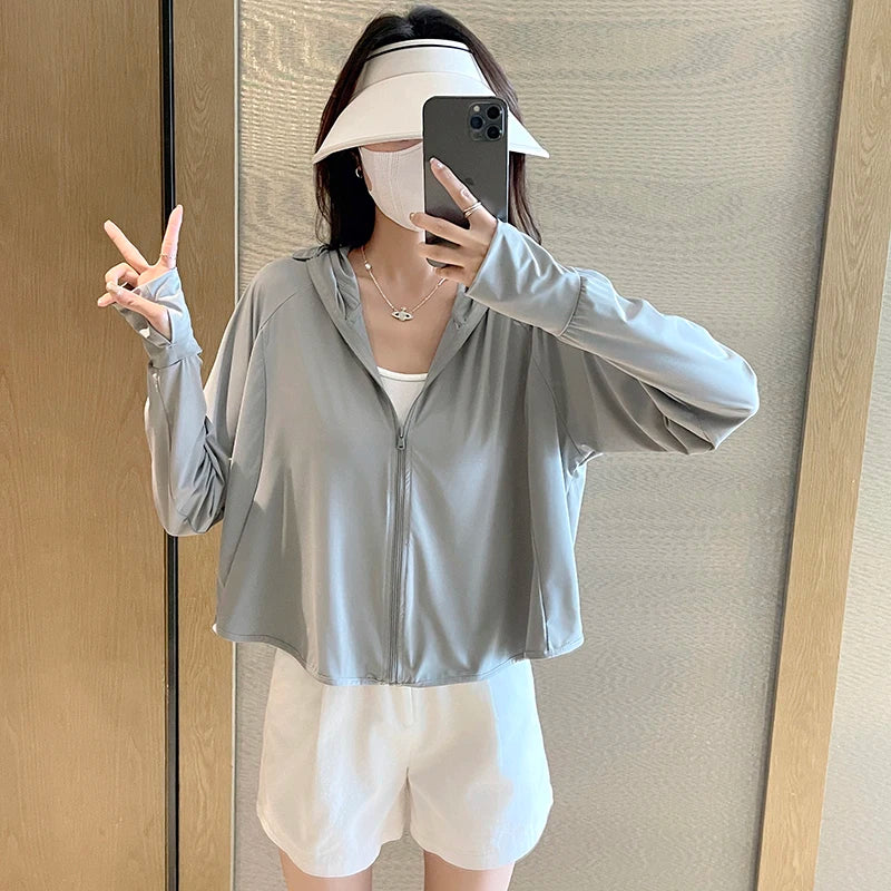 Full Coverage UPF 40+ Sun Protection Jacket Women Summer Breathable UV Protection Hooded Jacket Woman Loose Cropped Cardigan Top