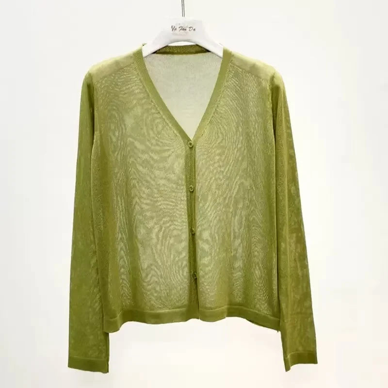 Cardigan Women Korean Long Sleeve Cardigan Summer Cropped Cardigan Knitted V-Neck Thin Ice Silk Sweaters Sunscreen Shirt Tops