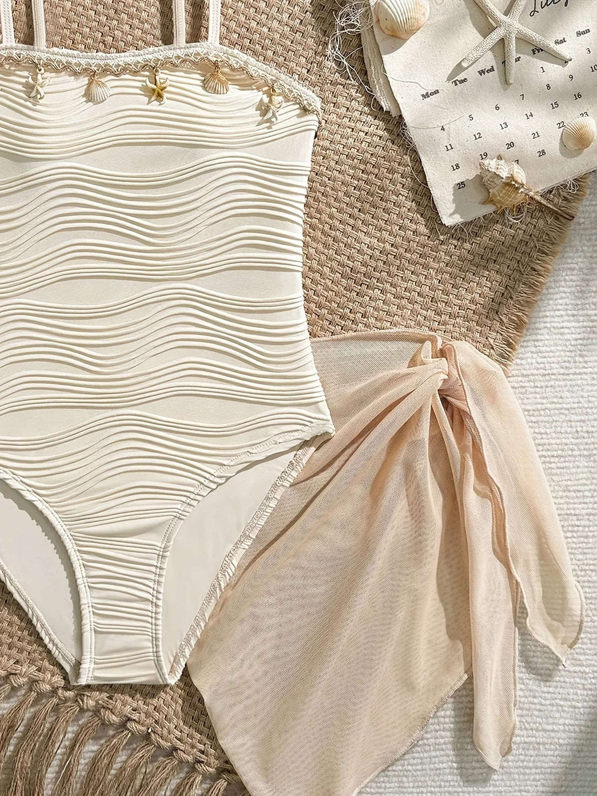 Girls' Summer Casual Swimwear Set, Children's Swimsuit Set, Girls' Apricot-Colored One-Piece Swimsuit with Wave Shell Trim and Mesh Skirt, Two-Piece Set Suitable for Children over 3 Years Old, Suitable for Pool, Seasid