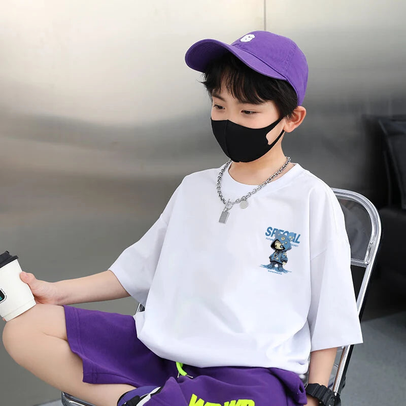 Korean Children's Clothes 2025 Boys Hip Hop Cartoon Graphic T Shirts Girls Short Sleeve Cotton Children Top Baby Summer Clothes