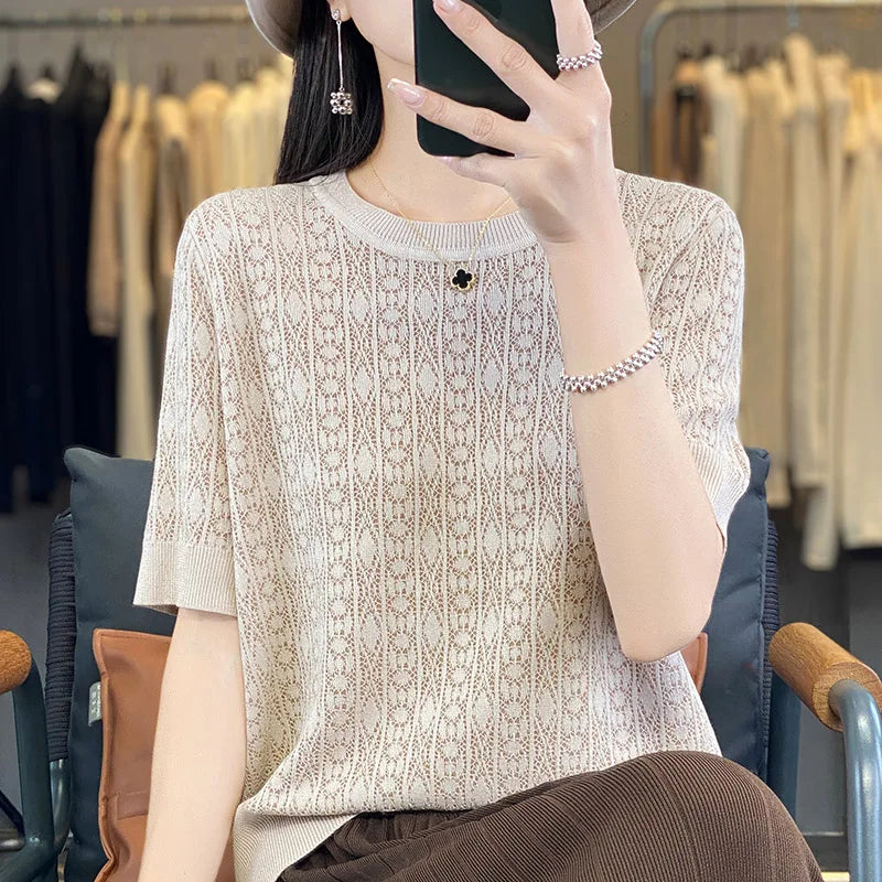 Summer New 100% Pure Cotton Sweater Short sleeved Women's Casual Solid Color Round Neck Pullover Loose Fashion Large Top