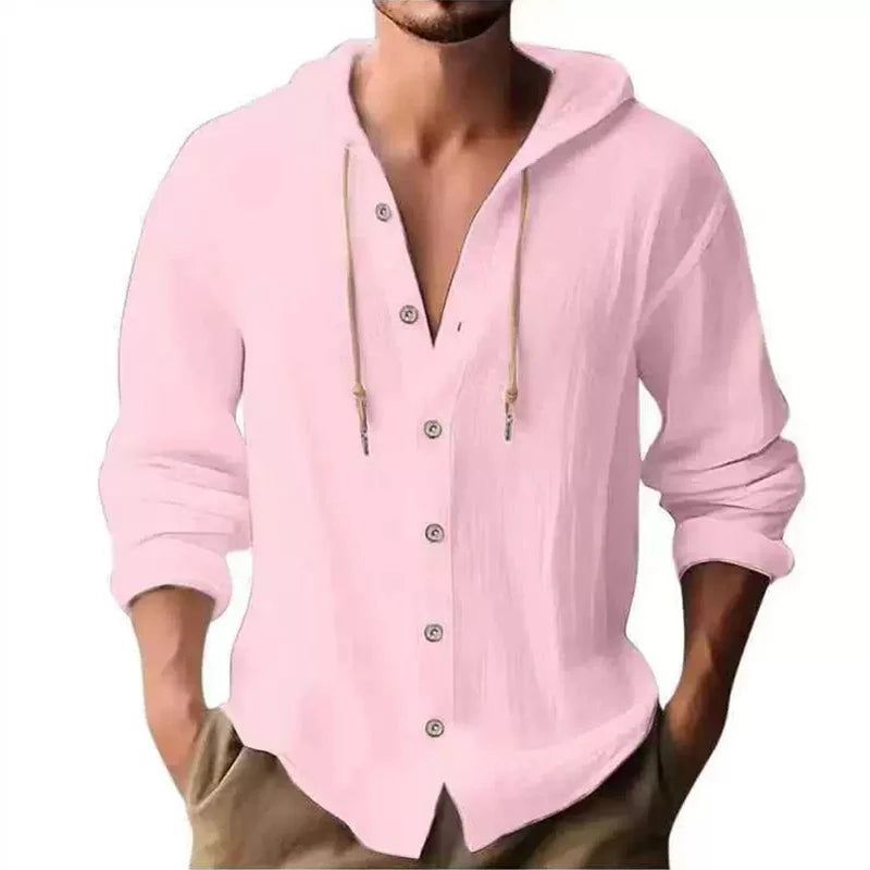 Men's Solid Linen Long Sleeve Hooded Shirt Casual Streetwear Button Top Loose Fit Cardigan Clothing for Men