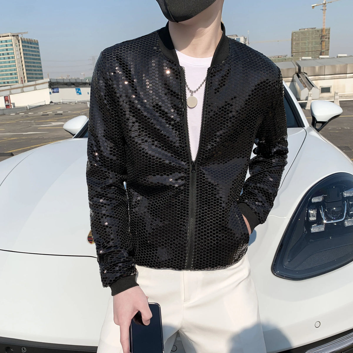 Jas Men's New Diamond Plaid Jackets Men Hip Hop Y2K Bombers Jacket Night Club Stage Streetwear Thin Coat Clothing Veste Homme