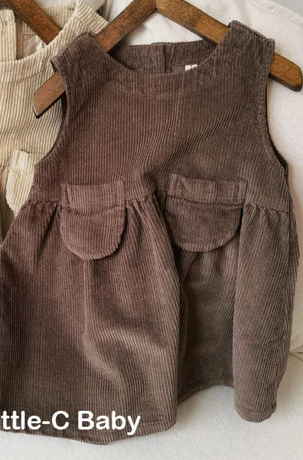 Baby Girls Sleeveless Dress Spring and Autumn New Baby Corduroy Dress Children's Lapel Loose Dress+T-shirt Set Kids Clothing Set