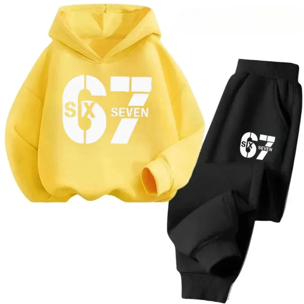 67 Chic Children's Hoodies Set 4-13Y Korean Streetwear Block Tracksuit Fashion Comfortable Kids Sweatshirt 2 Pcs Sets Pant Suit
