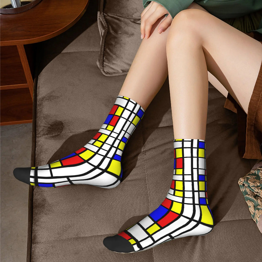 Custom Color Art Retro Mondrian Men Women Crew Socks Unisex Fashion 3D Printed Abstract Art Plaid Dress Socks