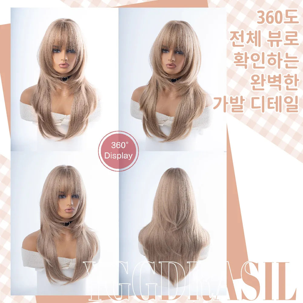 26Inch Modern Style Honey Blonde Synthetic Wigs with Bangs Long Natural Straight Hair Wig for Women Daily Use Heat Resistant