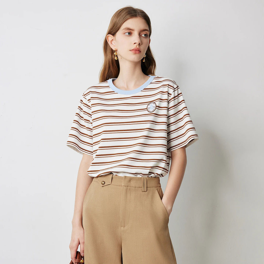 TOYOUTH Women T Shirts 2026 Summer New Striped Short Sleeve Age Reducing College Style Crew Neck Tops