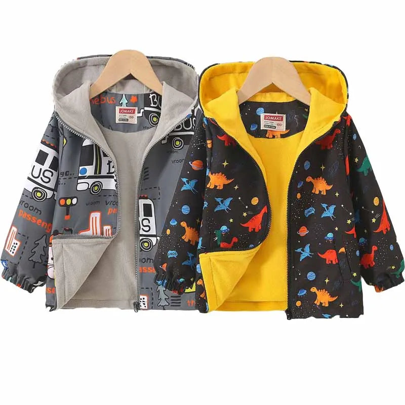 Kids Thick Warm Jackets Autumn Winter Boys Girls Fleece Hooded Coats Cartoon Dinosaur Windbreaker Outerwear Children Clothes
