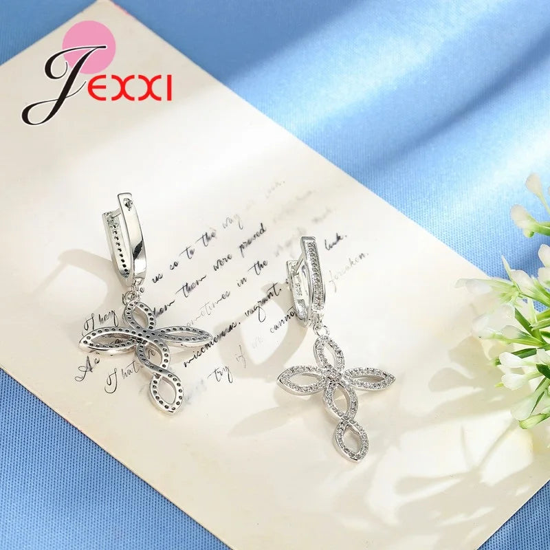 Women Wedding Jewelry Sets Charm Crystal Crooked Cross Pendant Necklaces Earrings Sets Shininy 925 Sterling Silver  Bijoux