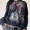 Women Zip up Emo Hoodies Gothic Heart Print Loose Long Sleeve Sweatshirt Jacket for Spring Fall Y2K Aesthetic Streetwear
