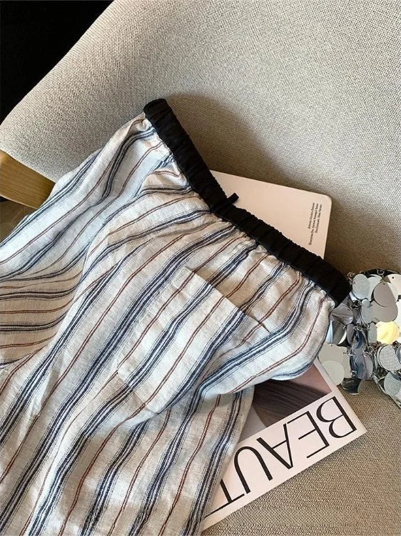 Casual Cotton Linen Wide Leg Pants Elastic Waist Striped Loose Lazy Sle Summer New Loose Straight Large Size Leisure Trousers