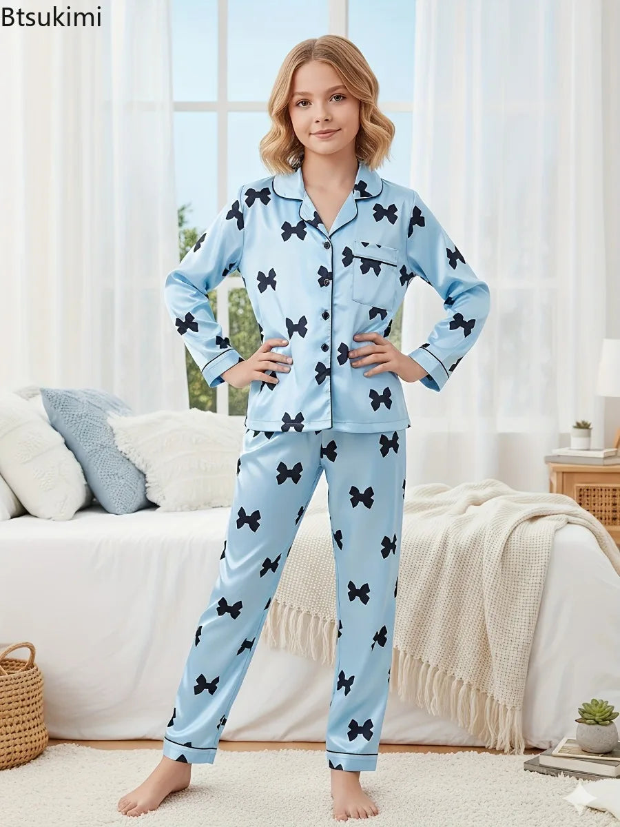 Autumn New Children's Pajama Set Imitation Silk Bow Printed Two-piece Pajamas Girls Solid Color Casual Long Sleeves Home Clothes
