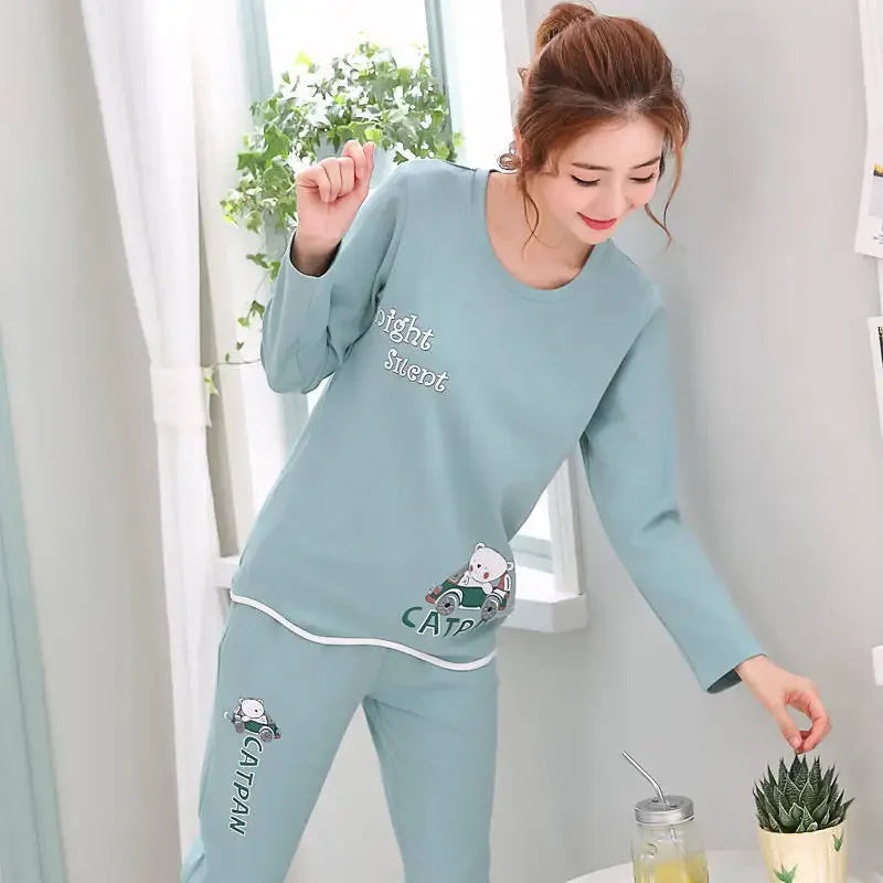 Autumn Thin 2Pieces Pyjamas Set Women 2026 Round Neck Girls Bear Pajamas Sets Teacup Cat Full Sleepwear Tops lovers Pajama Mujer