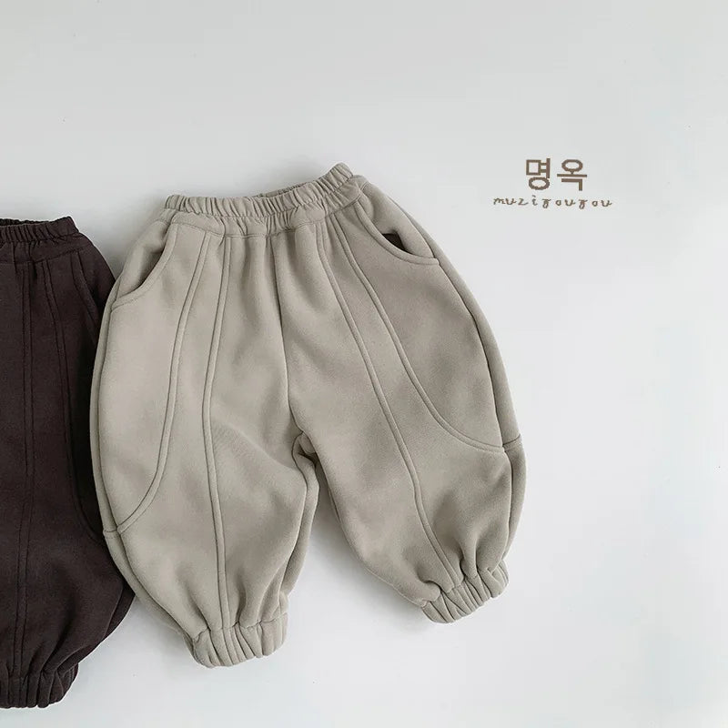 Children Fleece Sweat Pants 2025 Winter New Boys Warm Trousers Cotton Girls Plus Velvet Thick Casual Pants Solid Kids Clothes