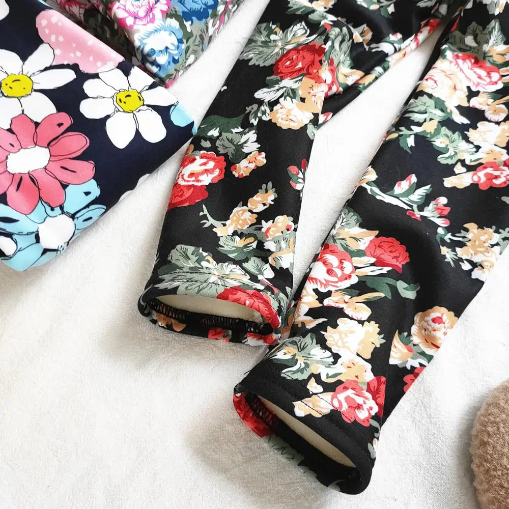 Floral Print Autumn Winter Velvet Warm Kids Pants for Girls Leggings