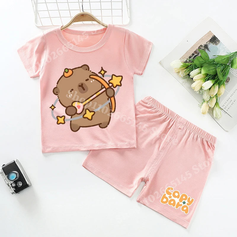 Capybara Kids Pajamas Shorts Set Summer New Capibara Home Clothes Boys Girls Anime Nightwear Pants Children Short Sleeve Gift