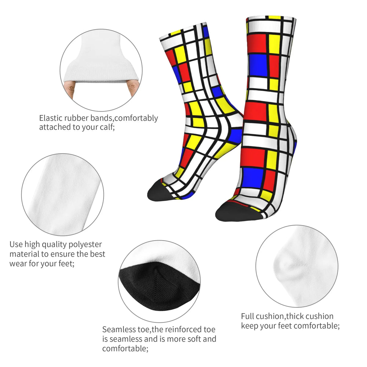 Custom Color Art Retro Mondrian Men Women Crew Socks Unisex Fashion 3D Printed Abstract Art Plaid Dress Socks