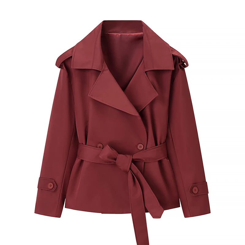 Elegant Lapel Lace Up Women's Windbreaker Solid Loose Full Sleeve Belt Double Breasted Coats Female 2026 Spring Female Jackets