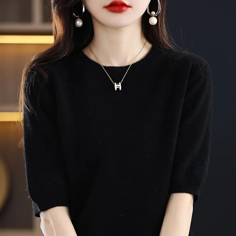 2025 New Spring Summer Women Sweater Short Sleeve O-Neck Pullover 100% Merino Wool Pure Color Knitted Jumper Female Clothing