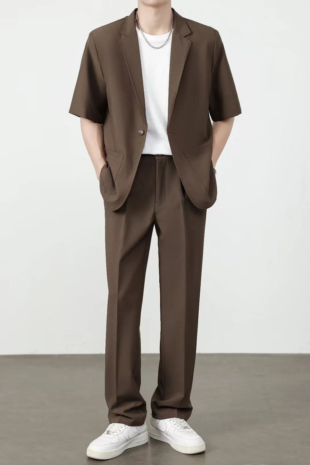 Men's Casual Half Sleeve Suit Jacket Polyester Fiber Breathable round Hemline Single Button Closure Standard Fit Adult Wear