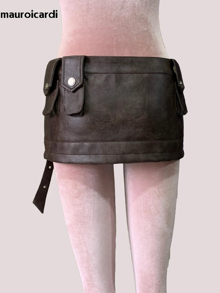 Spring Summer Brown Pu Leather Mini Skirt Women Three-dimensional Pockets Luxury Designer Vintage Emo Clothes Runway Fashion