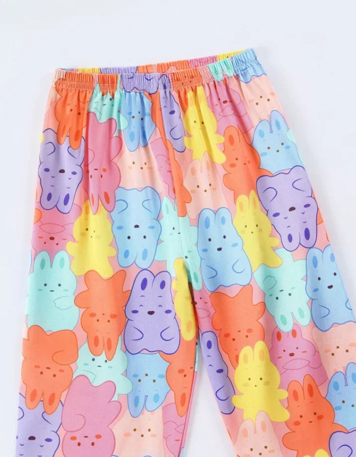 Girls Pajama Set Air-Condition 2pcs Outfit Children Casual Home Clothes Kids Cartoon Rainbow Rabbit Print Nightgown
