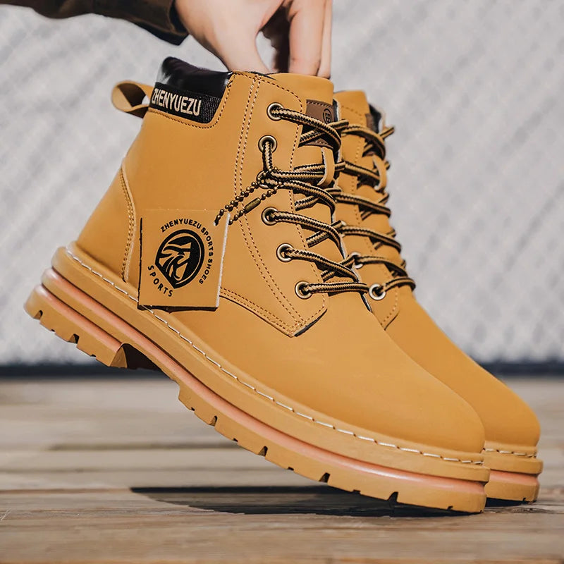 Men's Retro High-Top Boots, Height-Increasing, Non-Slip, Thick-Soled, Wear-Resistant, Windproof and Durable