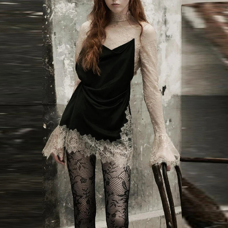 Elegant Fashionable Short Dress Lace Stitching Trendy Stylish Party Dresses Modest Dignified Sweet France Romantic Women Outfit