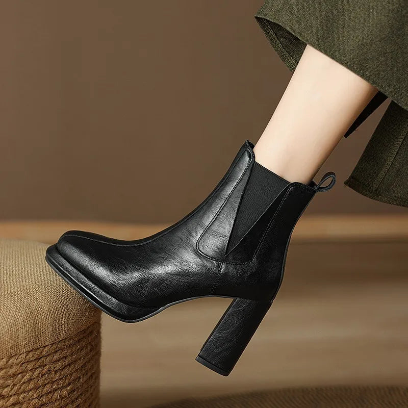 2024 Autumn/Winter Women Boots Round Toe High Heel Shoes for Women Leather Boots Women Handemade Shoes Ankle Boots Ladies Shoes