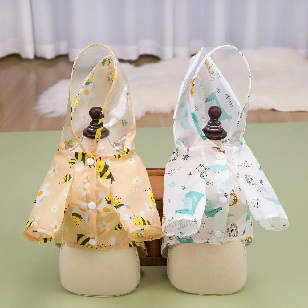 Pet Clothing Cartoon Bee Print Dog Hooded Raincoat Light Thin PVC Pet Waterproof Cloak with D-ring Puppy Rain Poncho Rainy Day
