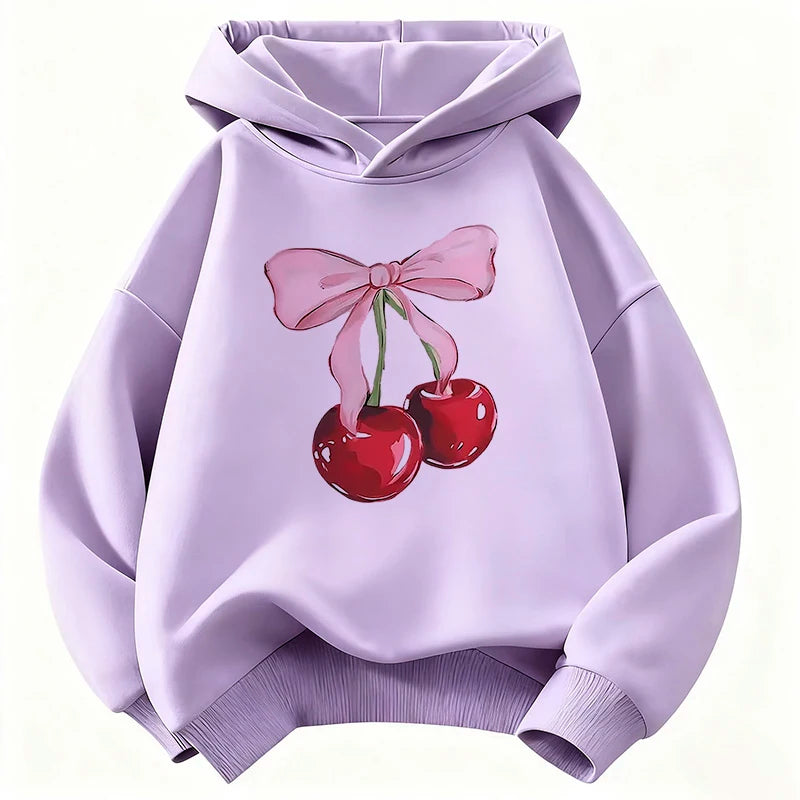 Kids Y2K Cherry Bow Hoodie Cute Print Sweatshirt Boys Girls Spring Autumn Casual Loose Tops
