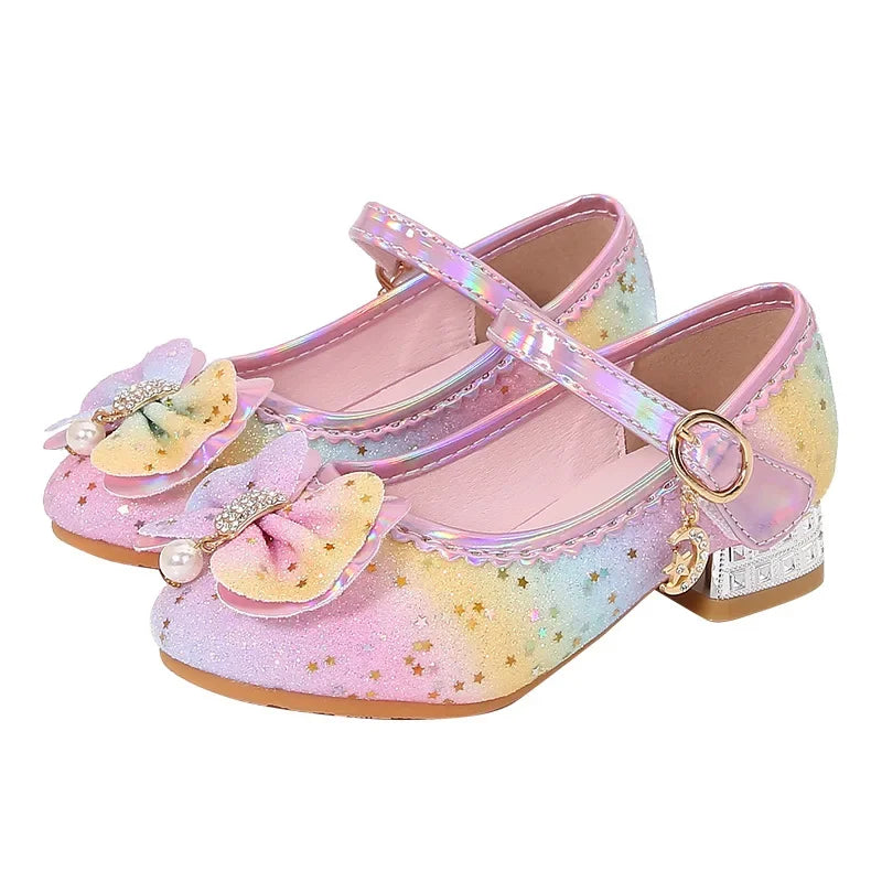 Chic Children High Heels New Wedding Party Girl Chic Princess Causal Shoes Fashion Rainbow Sequins Bowknot Kids Leather Shoes