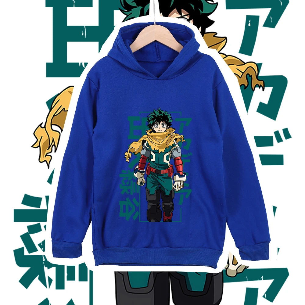 Kids Anime Cotton Tshirt Mha Midoriya Print Unisex Hoodie Sweatshirt for Boys Girls 100-160cm Cartoon Casual Clothes
