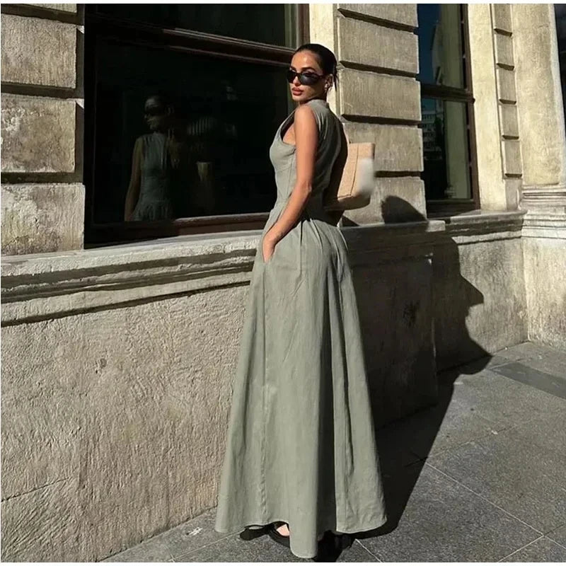 MUJER 2025 Draped Long Dresses for Women Zip Sleeveless Maxi Dress Woman Summer Holiday Womens Dresses Ruched Party Female Dress