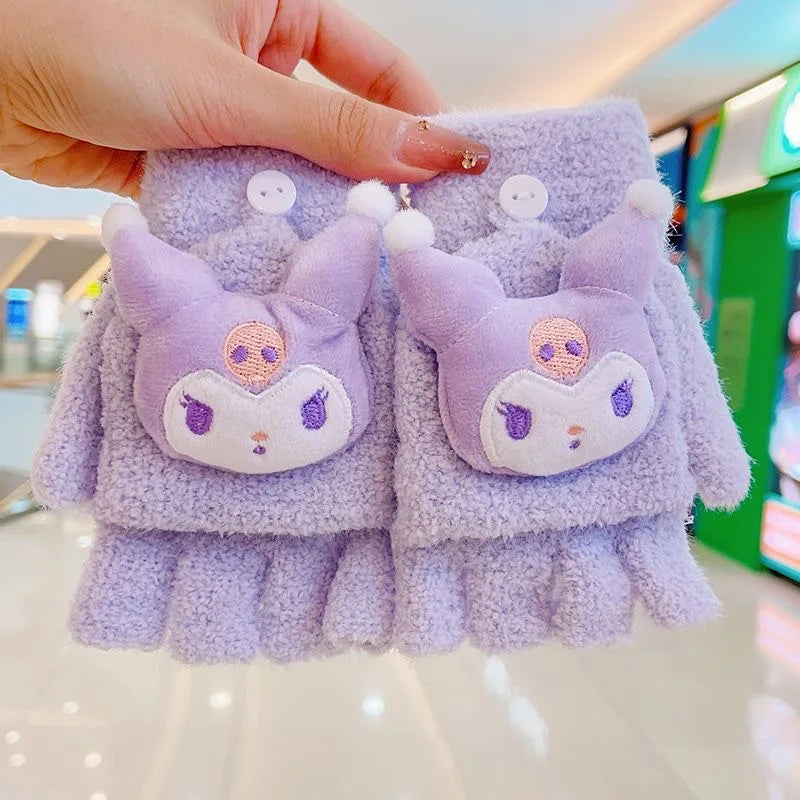 Children's Warm Gloves for Boys and Girls Cartoon Cute Half Finger Knitted Winter Flip Cover Baby Thick Cold Proof Five Fingers