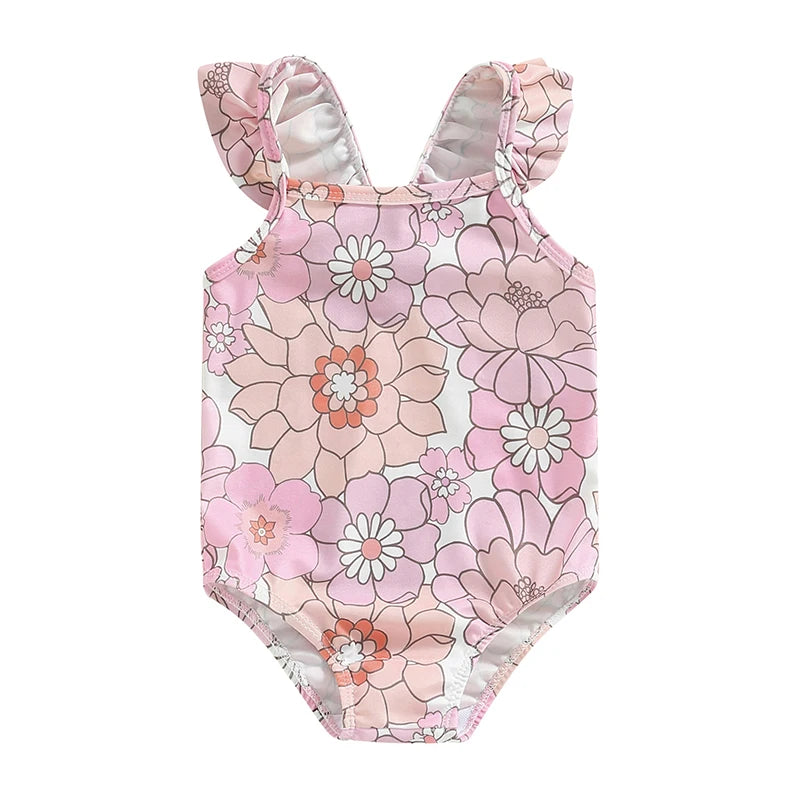 Baby Girls Swimwear Infant Off Shoulder Sleeveless Floral Print Bikini Kids Beachwear Toddler Bathing Suits Swimsuits