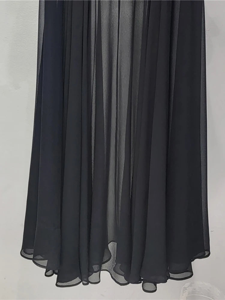 DEAT Women's Skirt Solid Color Patchwork Pu Leather Black Mesh Belt A-line High Waist Long Skirt Summer New Fashion 29L8139
